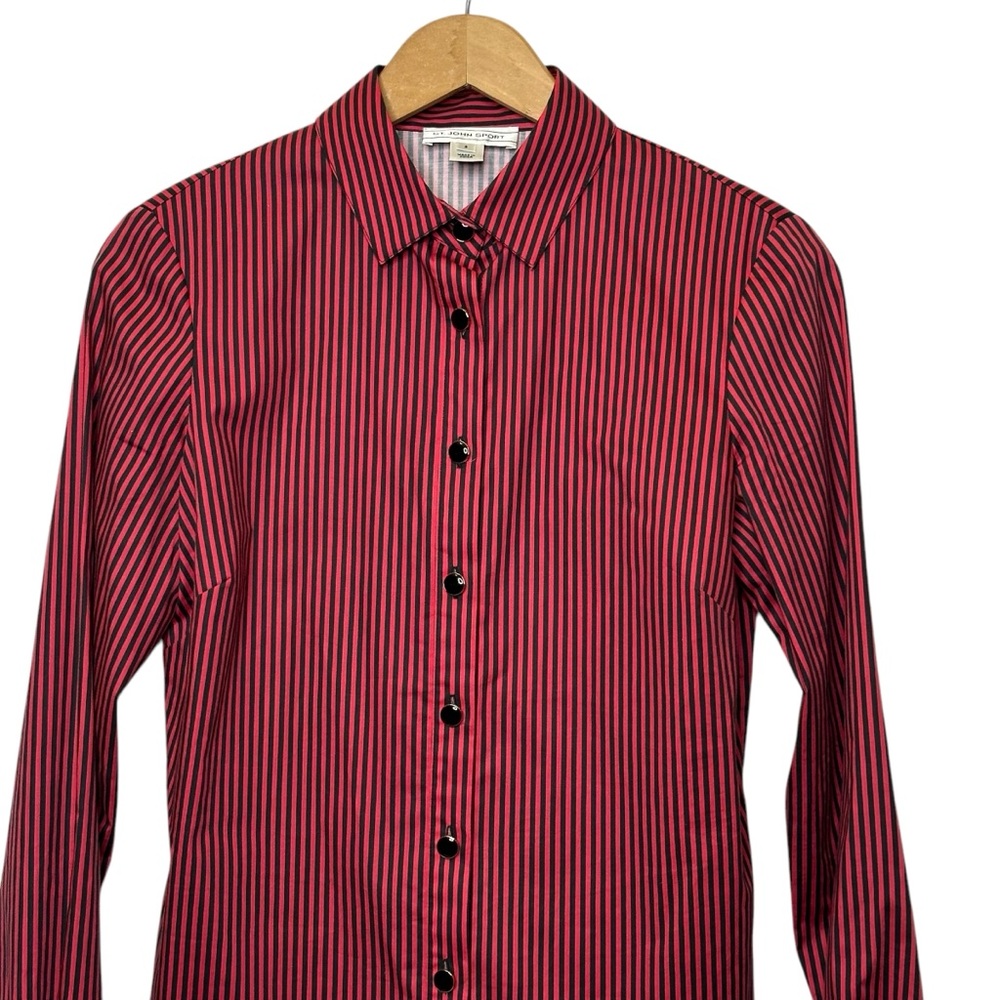 ST. JOHN SPORT Black & Red Stripe Button Down Long Sleeve Top Size 2 - Picture 4 of 13